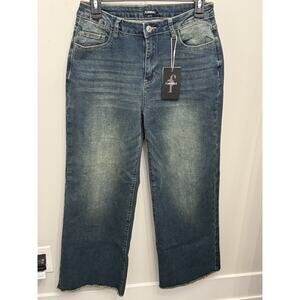 NWT FLAMINGALS Women's SMALL Wide Leg Dark Wash Jeans Raw Hem Stretch Comfort